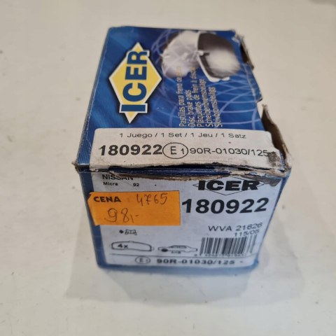 NISSAN MICRA K11 KLOCKI HAMULCOWE ICER 180922 NISSAN MICRA K11 KLOCKI HAMULCOWE ICER 180922