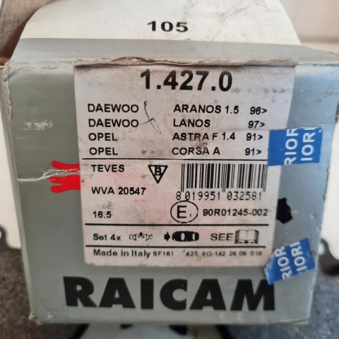 DAEWOO LANOS OPEL ASTRA F KLOCKI HAMULCOWE KPL RAICAM 1.427.0 DAEWOO LANOS OPEL ASTRA F KLOCKI HAMULCOWE KPL RAICAM 1.427.0
