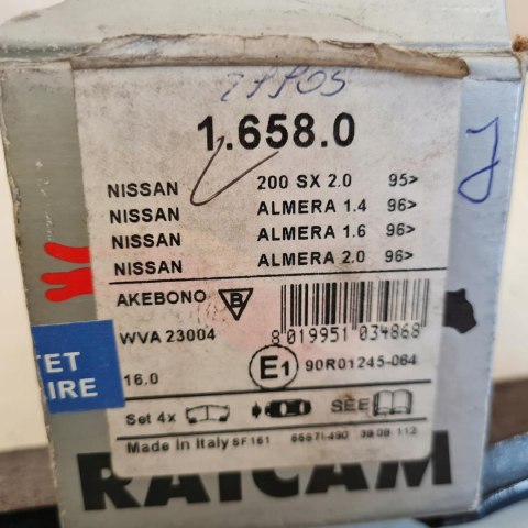 NISSAN 200 SX ALMERA 96> KLOCKI HAMULCOWE KPL RAICAM 1.658.0 NISSAN 200 SX ALMERA 96> KLOCKI HAMULCOWE KPL RAICAM 1.658.0