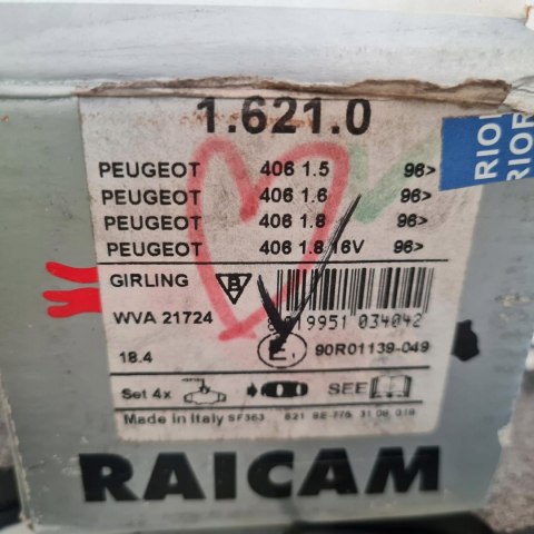 PEUGEOT 406 KLOCKI HAMULCOWE KPL RAICAM 1.621.0 PEUGEOT 406 KLOCKI HAMULCOWE KPL RAICAM 1.621.0