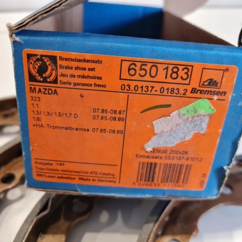 MAZDA 323 85-89 SZCZĘKI HAMULCOWE KOMPLET ATE 650183 MAZDA 323 85-89 SZCZĘKI HAMULCOWE KOMPLET ATE 650183