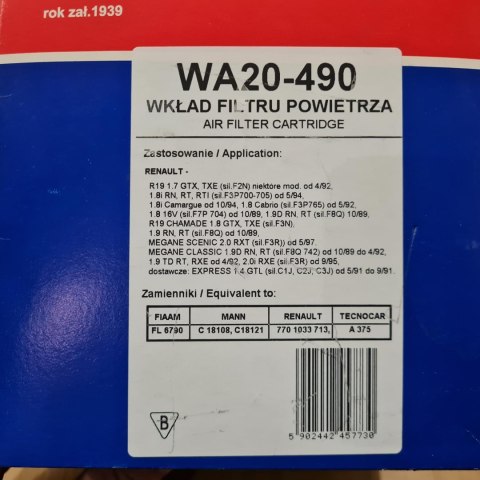 FILTR POWIETRZA WA20-490 PZL-SĘDZISZÓW RENAULT F2N F3R F3N F8Q FILTR POWIETRZA WA20-490 PZL-SĘDZISZÓW RENAULT F2N F3R F3N F8Q